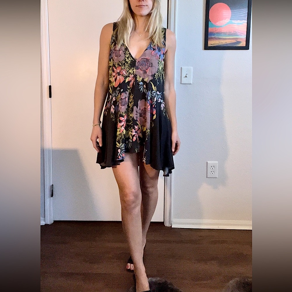 Free People Black and Multicolor Floral High-low Dress